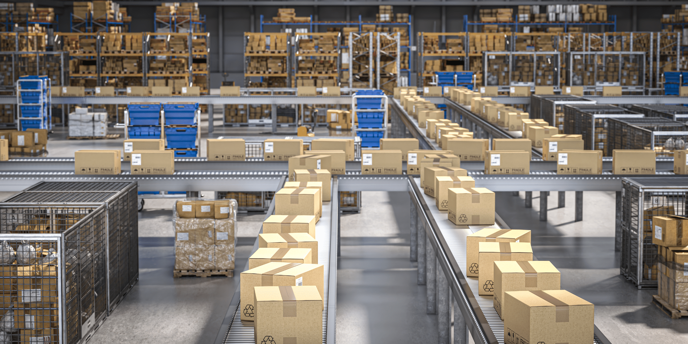 Warehouse with boxes on distribution lines